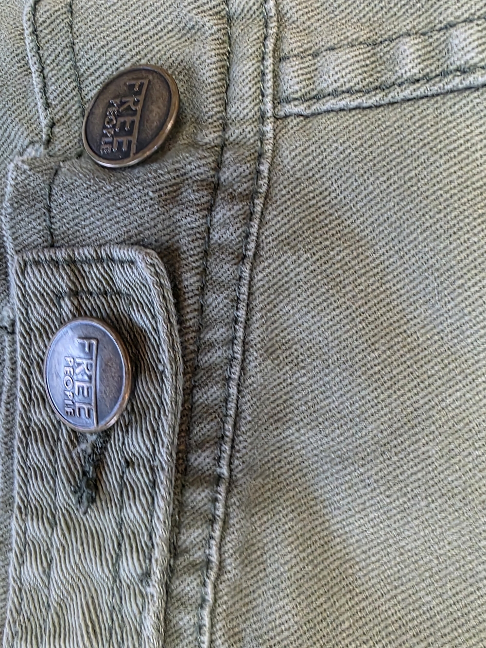 Free People Olive Green Distressed Denim Jacket Utility Trucker Boho - Picture 10 of 11